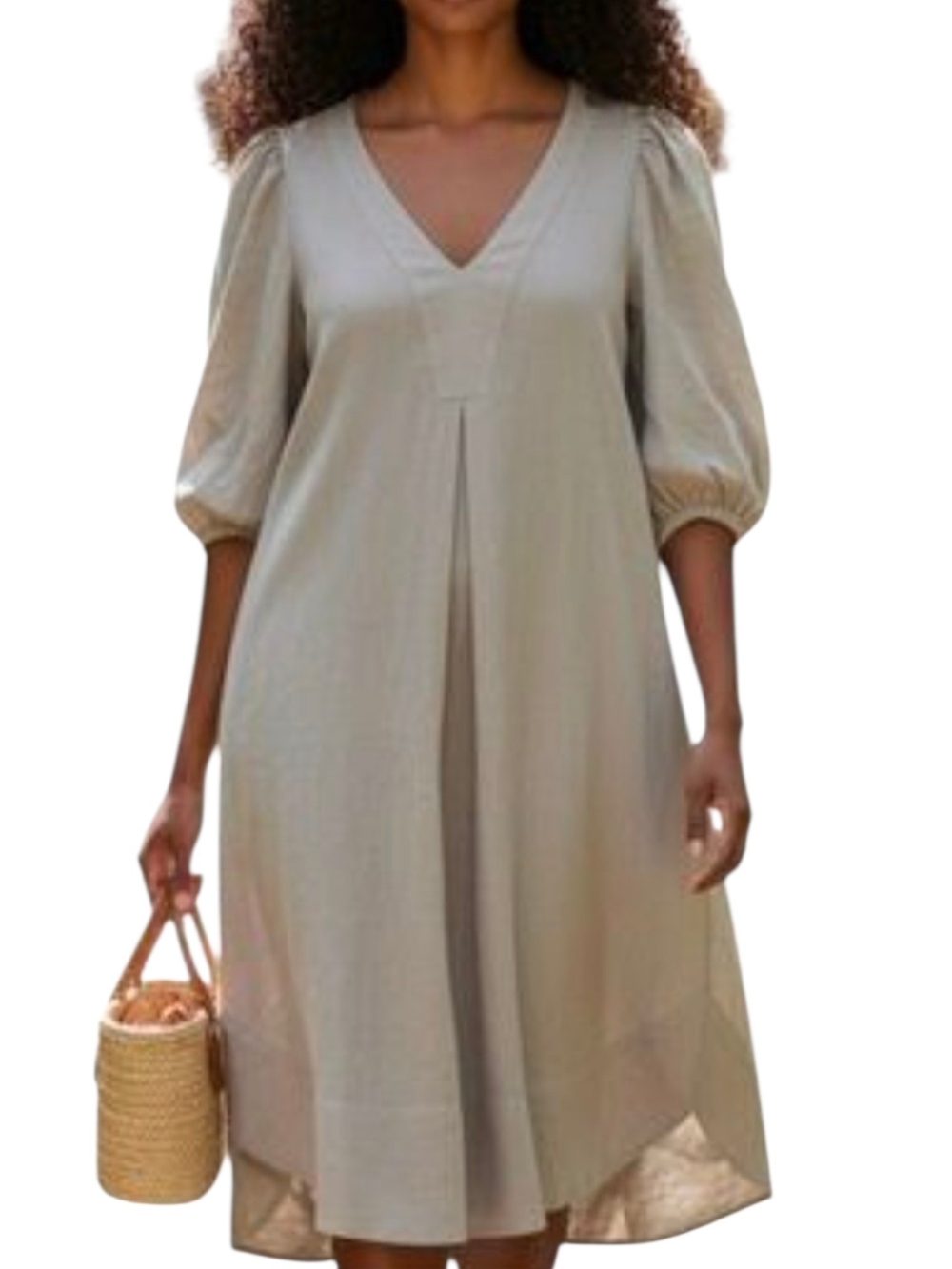Cynthia Rowley Linen Blend Puff Sleeve Dress L Taupe V Neck CoastalChic Boho